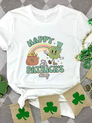 White t-shirt with St. Patrick's Day graphic featuring a clover character, pot of gold, and rainbow.