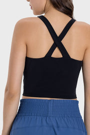 Black keyhole halter cami crop top with crisscross back straps