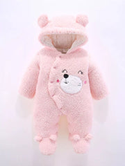 Blush pink hooded one-piece baby snowsuit with bear ears and embroidered bear face.