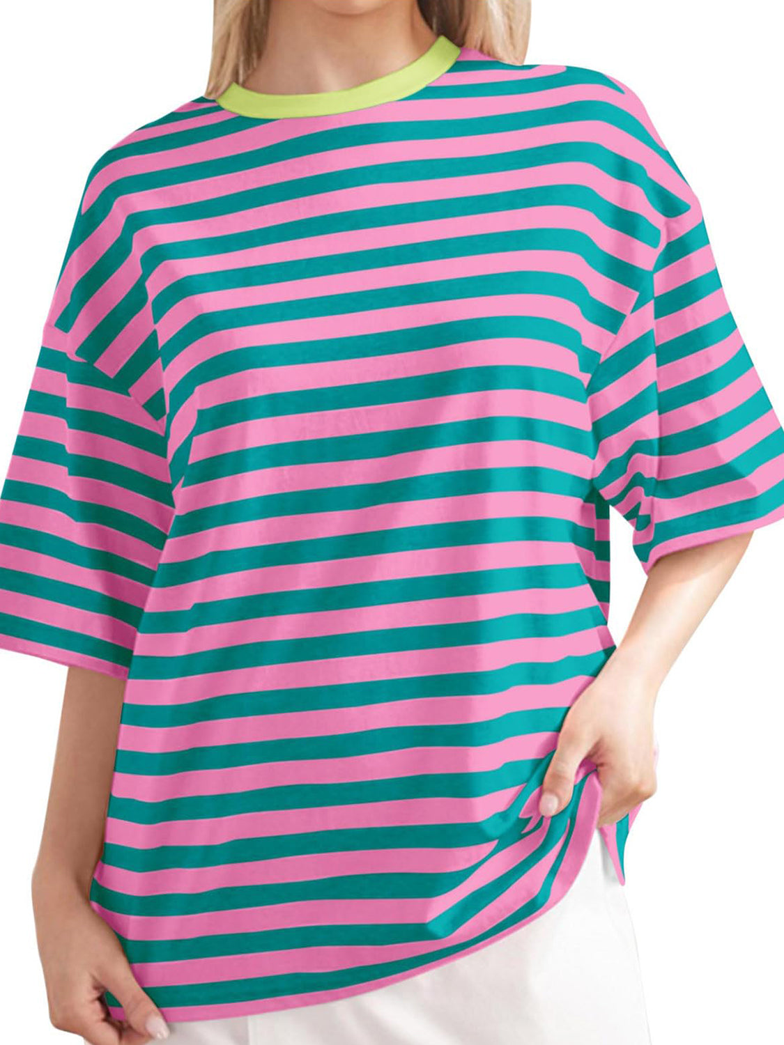 Oversized striped tee with dropped sleeves in pink and teal, featuring a lime green neckline.