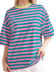 Oversized striped tee with dropped sleeves in pink and teal, featuring a lime green neckline.