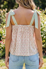 Playful floral peplum cami with green striped tie-straps