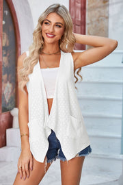 White eyelet drape front vest with pockets and open knit detail