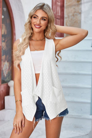 White eyelet drape front vest with pockets and open knit detail