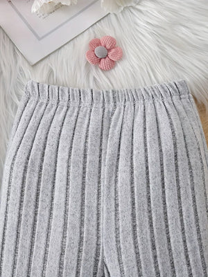 Children's Ribbed Knit Hooded Top And Pants Set in Light Gray, back view