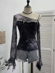 Edgy asymmetrical denim t-shirt with mesh sleeves and butterfly print in gray black.