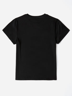 Black graphic t-shirt with short sleeves and a crew neck.