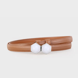 Brown cowhide leather belt with double white geometric buckle