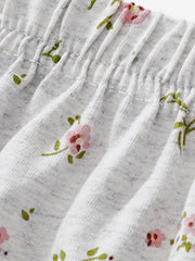 Toddler shorts with elastic waist and pink floral print on heather gray cotton.