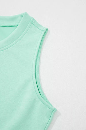 Mint green tank top with crew neck and contrast stitching detail.