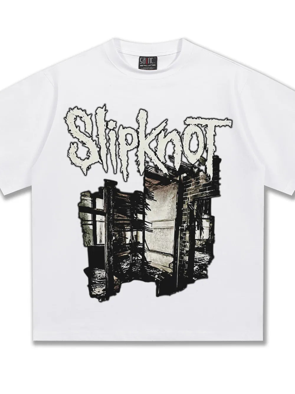 Men's white cotton crew neck t-shirt with distressed Slipknot graphic and ruined building artwork.