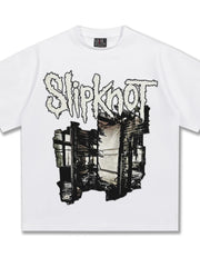 Men's white cotton crew neck t-shirt with distressed Slipknot graphic and ruined building artwork.