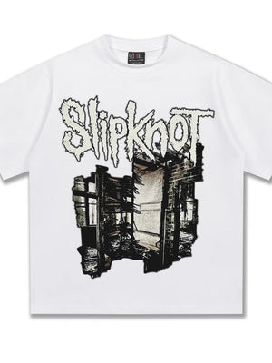 Men's white cotton crew neck t-shirt with distressed Slipknot graphic and ruined building artwork.
