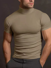 Men's Plus Size Short Sleeve Turtleneck T-shirt in Tan, model styling view