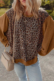 Leopard Floral Print Ribbed Puff Sleeve Sweatshirt in Brown, model styling view