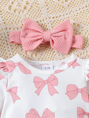 Children's Bow Print Bodysuit And Pants Set in Pink, side view