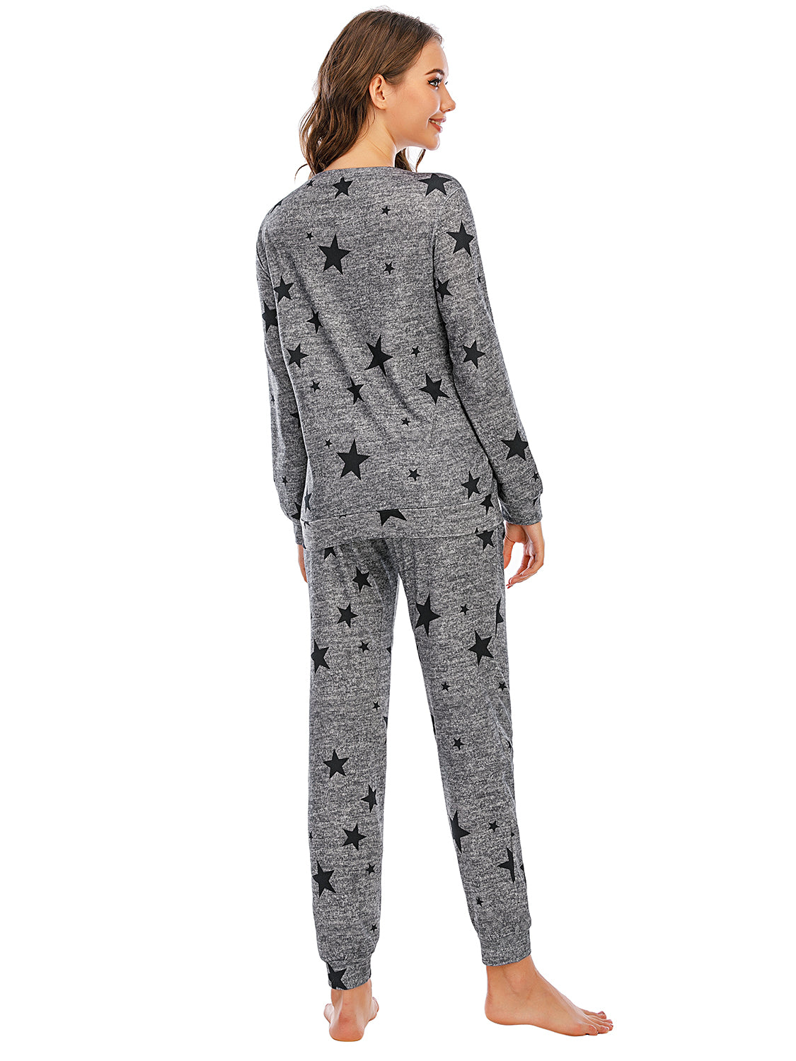 Heather Gray knit loungewear set with black stars, long sleeves, crew neck, and jogger pants.