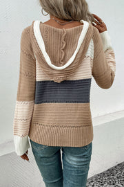 Striped knit hooded sweater in khaki with white and grey accents.