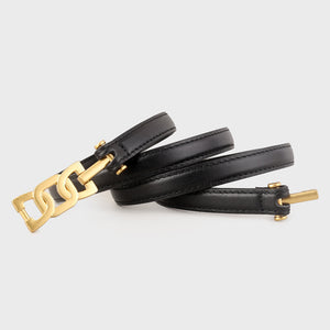 Black leather belt with brushed gold chain-link detail and buckle.
