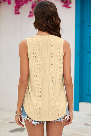 Light Yellow perforated V-neck sleeveless blouse with eyelet details.
