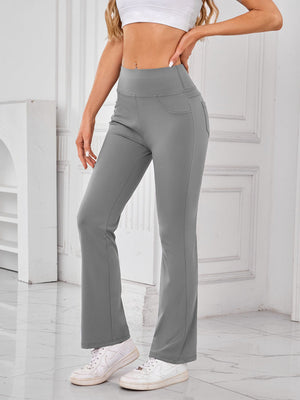 Gray flared leg activewear pants with pocket detail