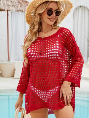 Red openwork crochet knit swim cover-up with crew neck and 3/4 sleeves.
