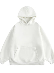 White long-sleeve hoodie with kangaroo pocket and drawstring hood.