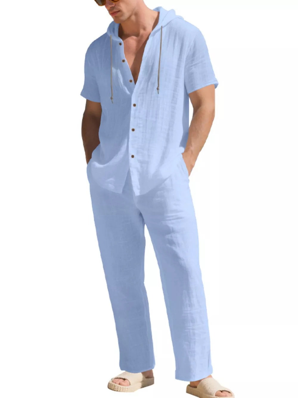 Sky blue linen blend hooded short sleeve top and pants ensemble for men.