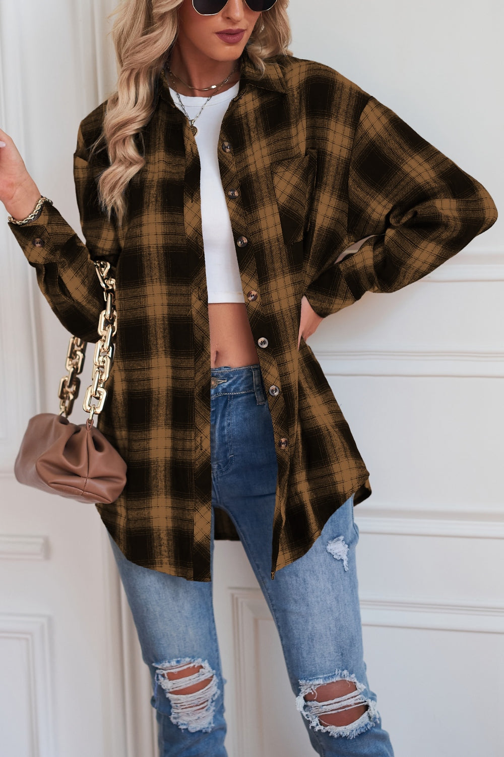 Dreamer Plaid Drop-Shoulder Jacket in Caramel with buttoned front and chest pocket.