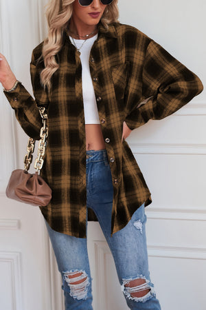 Dreamer Plaid Drop-Shoulder Jacket in Caramel with buttoned front and chest pocket.