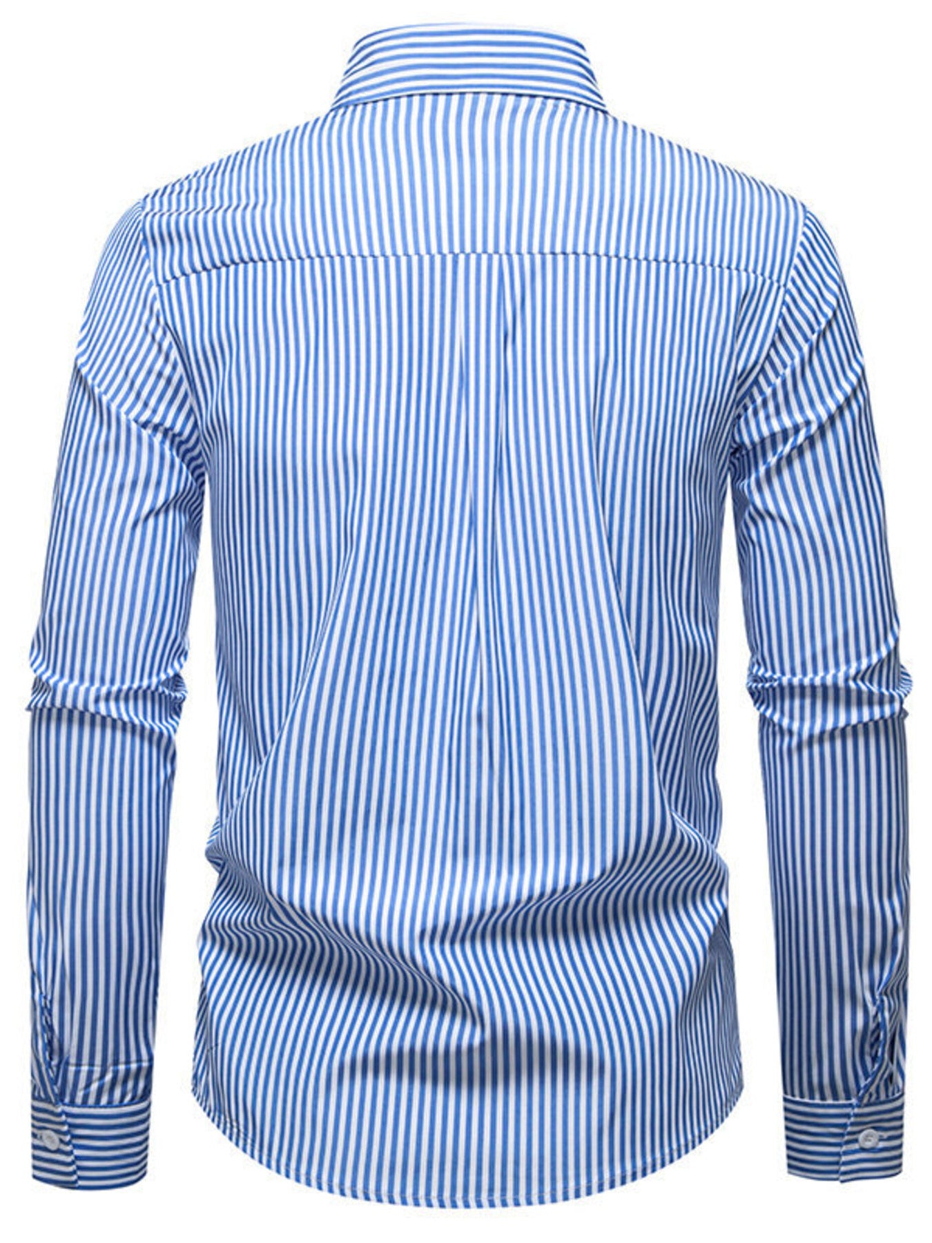 Blue and white striped long sleeve button-down shirt with a classic collar.