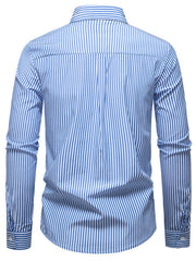 Blue and white striped long sleeve button-down shirt with a classic collar.