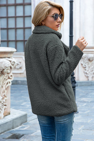 Dark Gray teddy pea coat with a plush texture and wide lapels.