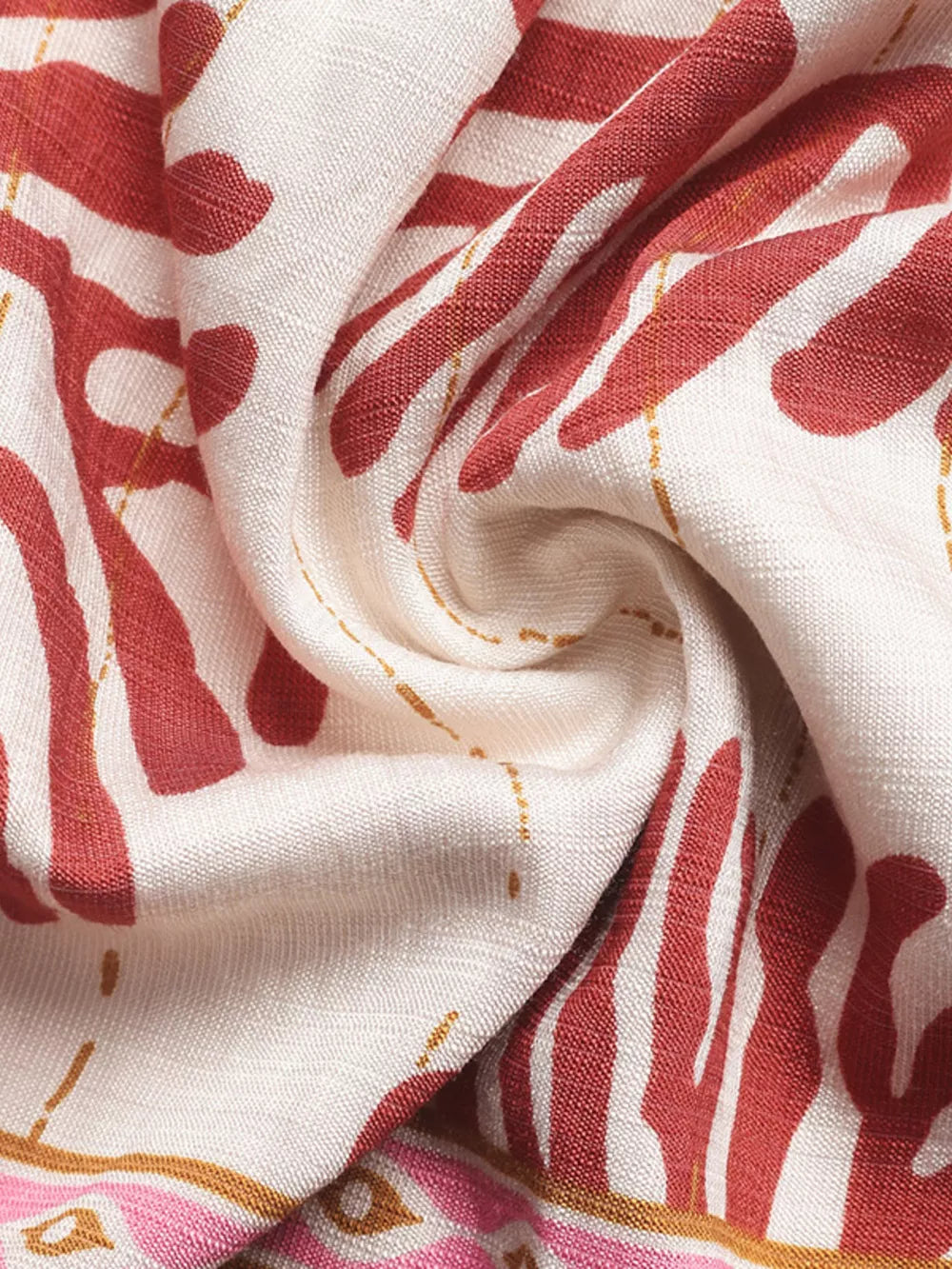 Floral v-neck maxi dress fabric detail with red and pink border print