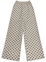 Cream polka dot wide leg pants with elastic waist