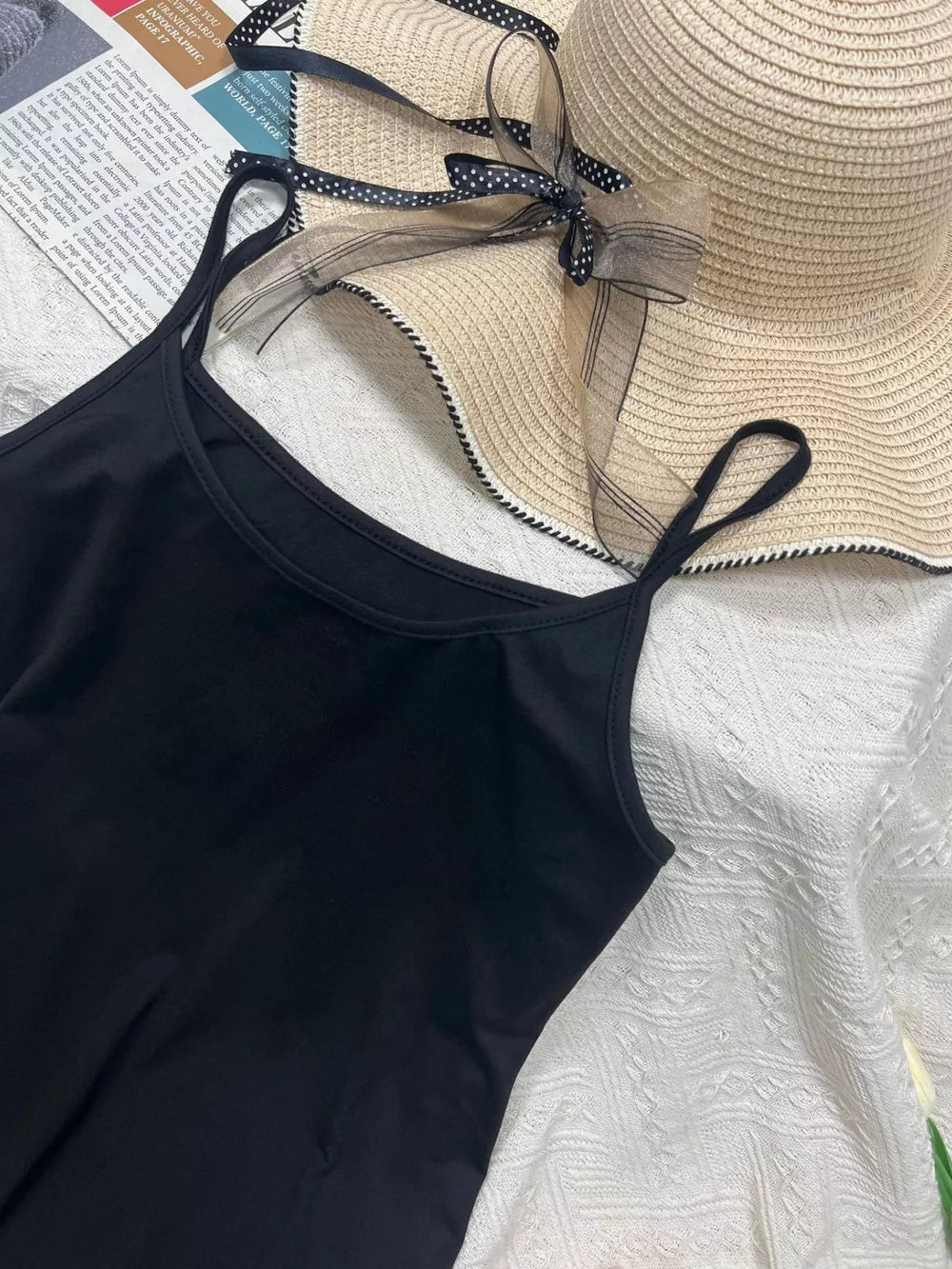 Black scoop neck cami with thin straps, part of a set.