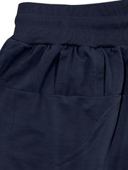 Navy blue chino shorts with drawstring waist and ribbed waistband detail.