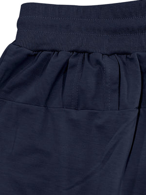 Navy blue chino shorts with drawstring waist and ribbed waistband detail.