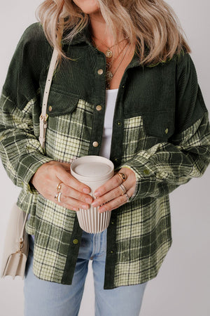 Corduroy yoke plaid overshirt in Black Forest with button front and collared neckline.