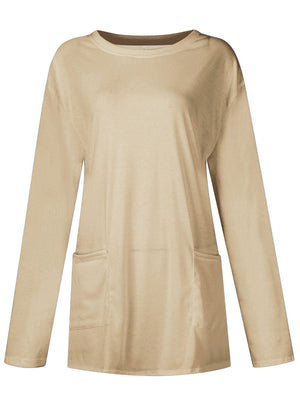 Khaki relaxed fit tunic with crew neck, long sleeves, and two patch pockets.