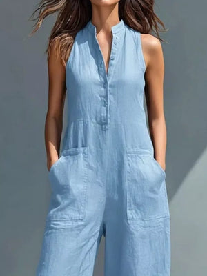 Sky blue sleeveless button-down romper with pockets and a collared neckline.