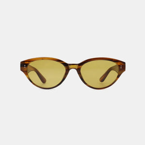 Tortoiseshell oval acetate sunglasses with yellow lenses and brown frames.