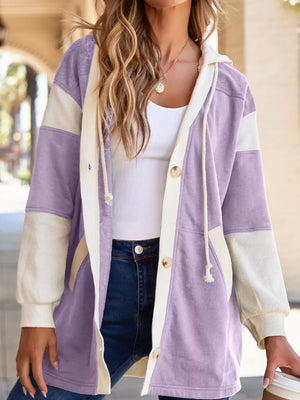 Color block waffle knit oversized sweatshirt with button front and drawstring hood.