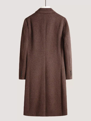 Wool blend double-breasted overcoat in brown with button detail on sleeves.