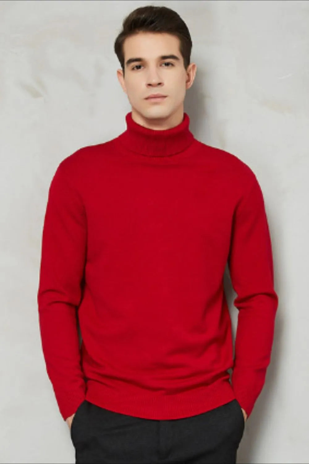 Men's red turtleneck sweater with long sleeves and ribbed cuffs.