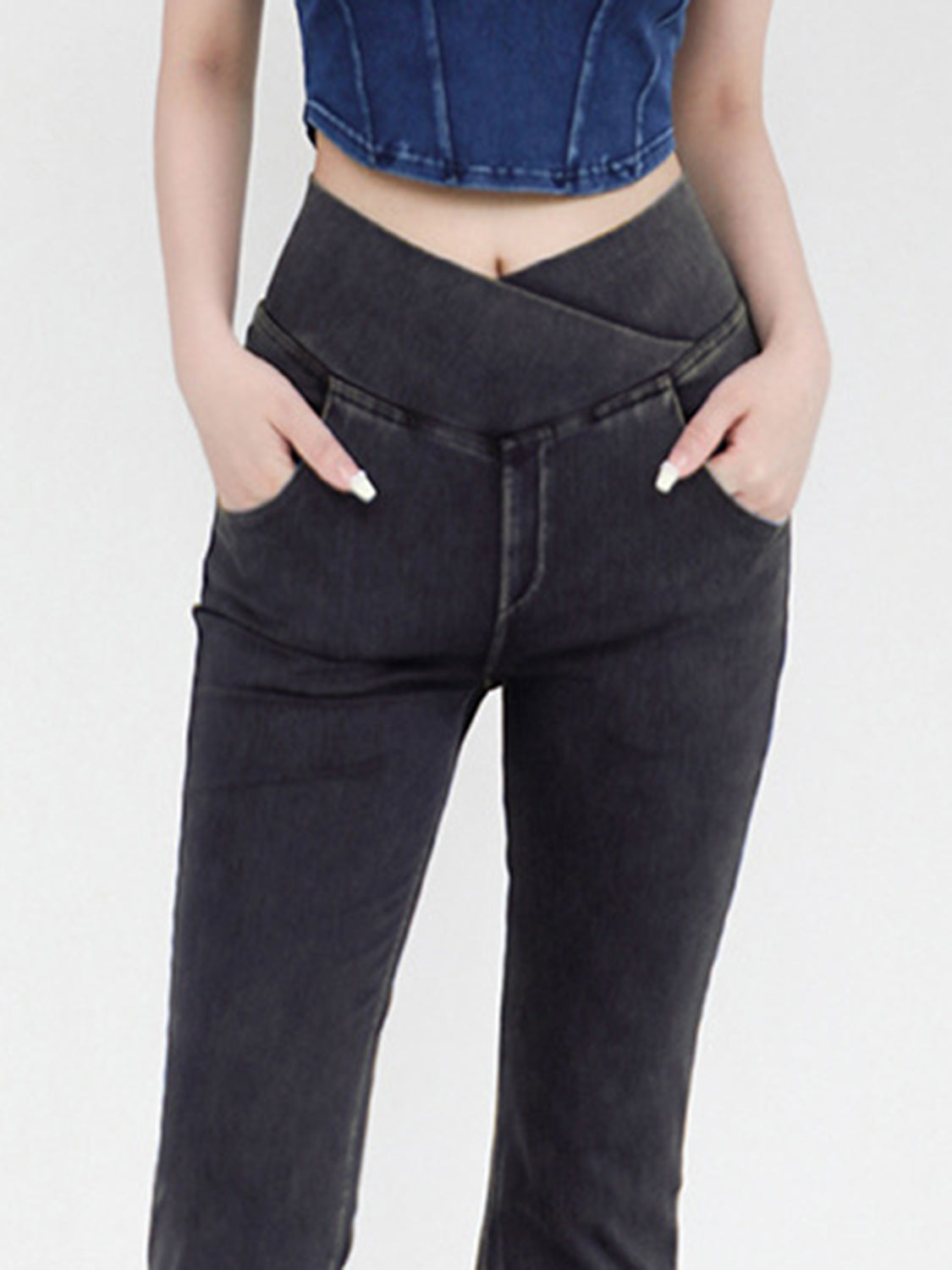Charcoal crossover waist flare jeans with pockets