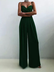 Dark green ruched spaghetti strap wide-leg jumpsuit with sweetheart neckline and high waist.