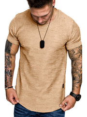 Men's Khaki Slim Fit Round Neck T-shirt with textured fabric and cuffed sleeves.