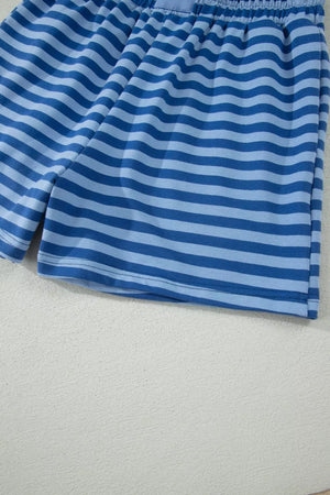Relaxed blue striped cotton two-piece set shorts with elastic waistband
