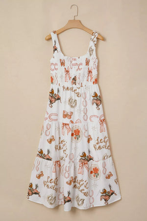 Cowboy Charm U-neck Midi Dress in white cotton blend with a playful cowboy print, smocked bodice, and tiered skirt.